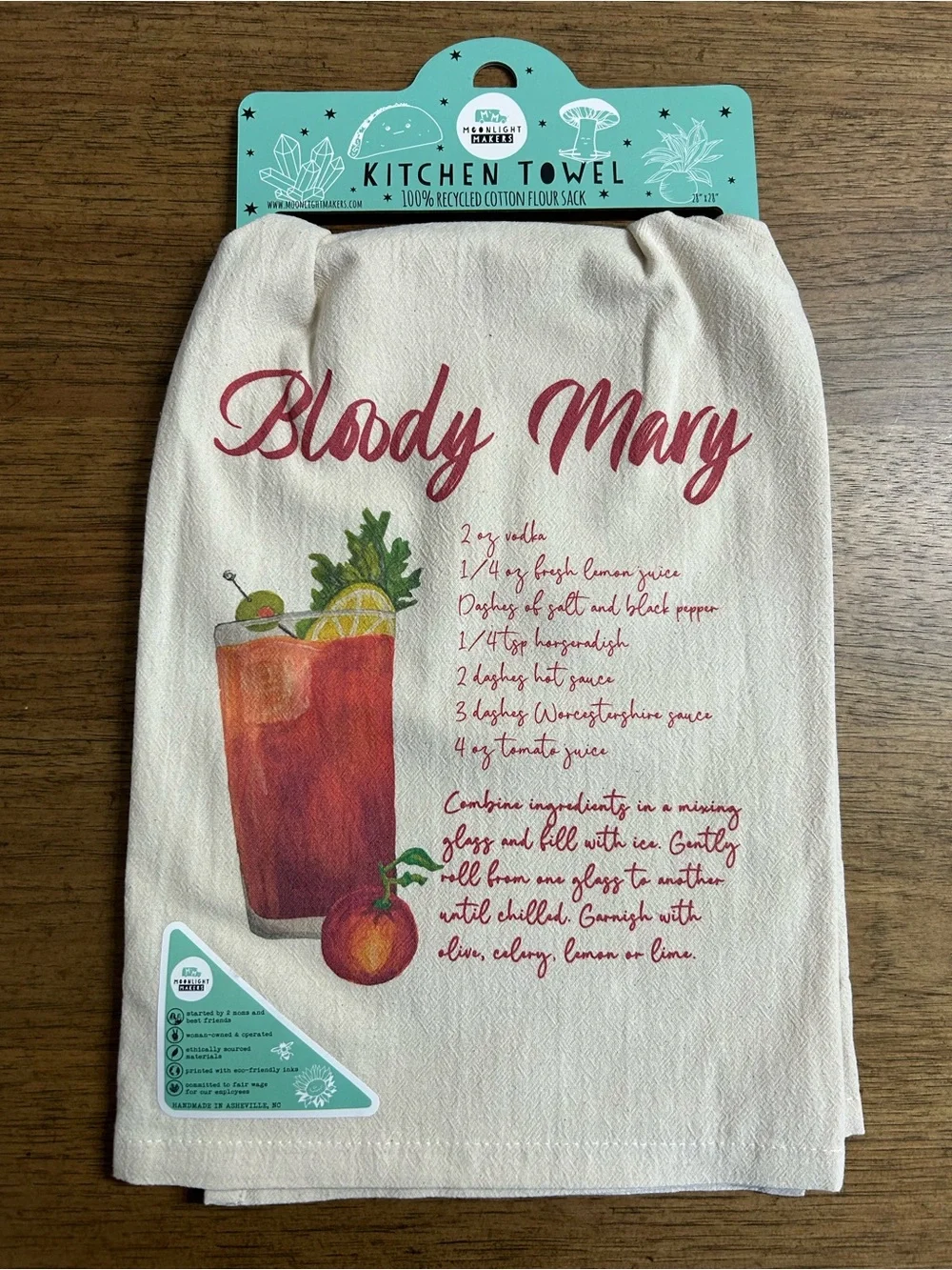 NEW Bloody Mary Cotton Kitchen Towel - Cream with Recipe in Red